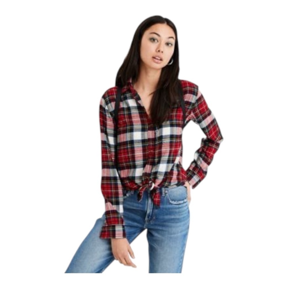 American Eagle Y2K Flannel Red Black Plaid Button-Down Soft Boyfriend Shirt M